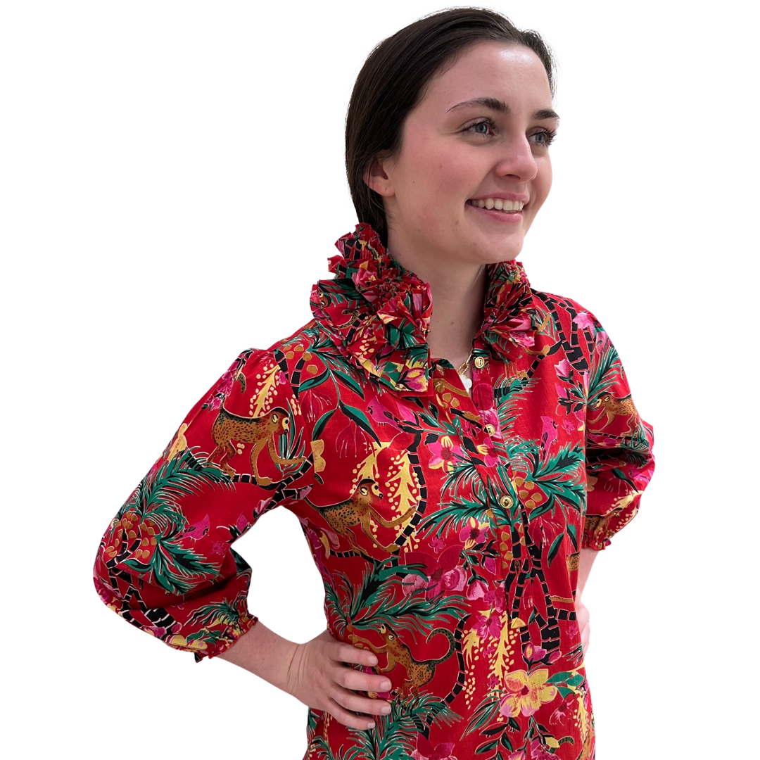 The Maria Ruffle Neck Blouse in Red Monkey Business Cotton — view 3