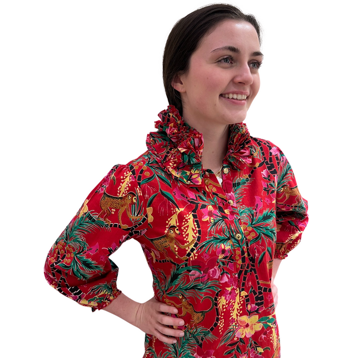 The Maria Ruffle Neck Blouse in Red Monkey Business Cotton — view 3