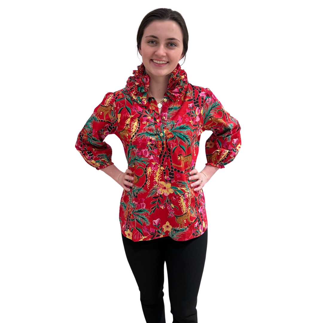 The Maria Ruffle Neck Blouse in Red Monkey Business Cotton — view 4