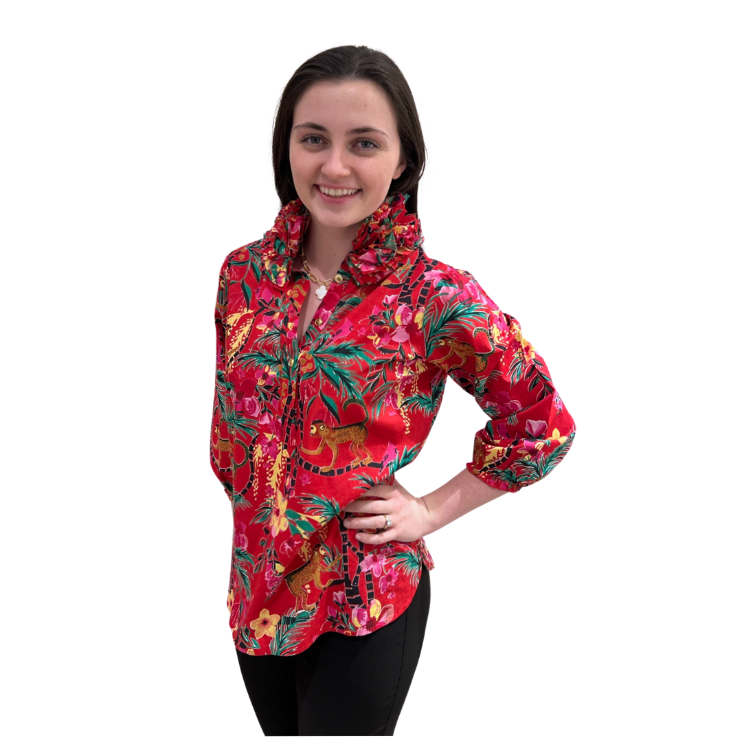 The Maria Ruffle Neck Blouse in Red Monkey Business Cotton — view 5