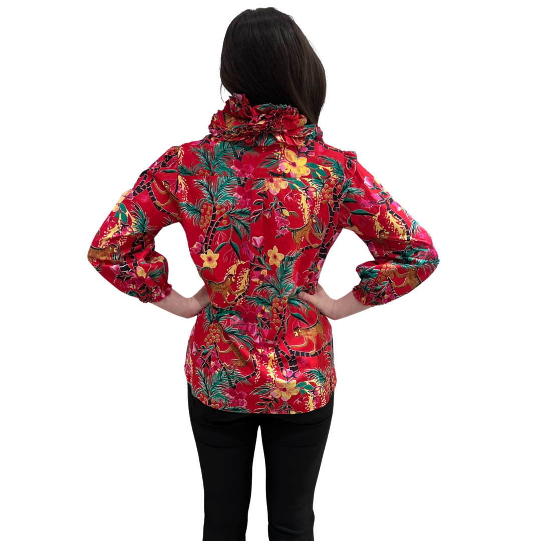 The Maria Ruffle Neck Blouse in Red Monkey Business Cotton — view 6