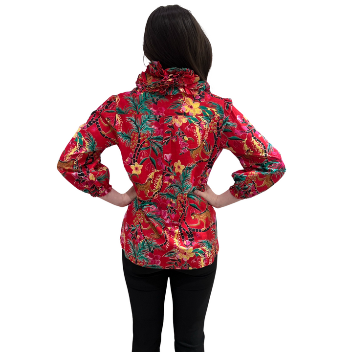 The Maria Ruffle Neck Blouse in Red Monkey Business Cotton — view 6