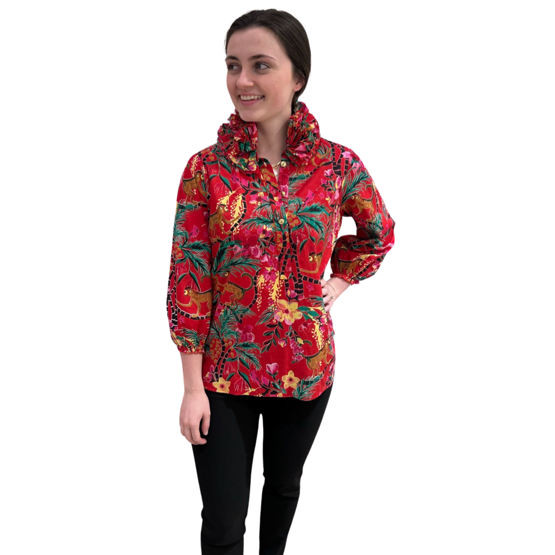 The Maria Ruffle Neck Blouse in Red Monkey Business Cotton — view 8