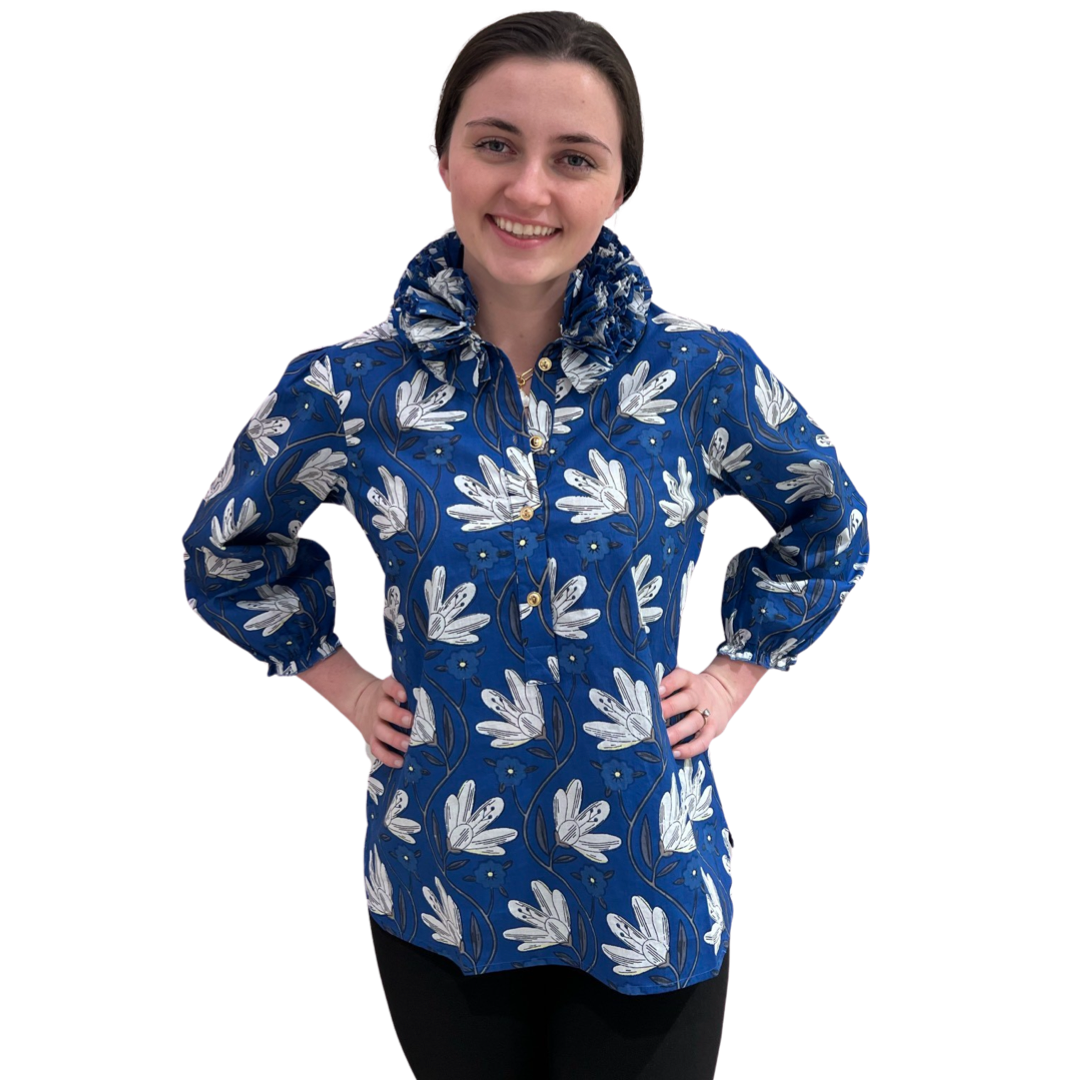 The Maria Ruffle Neck Cotton Blouse in Blue Petal Print