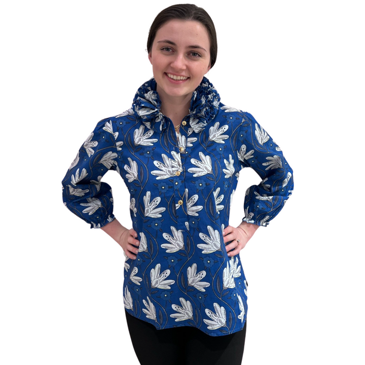The Maria Ruffle Neck Cotton Blouse in Blue Petal Print