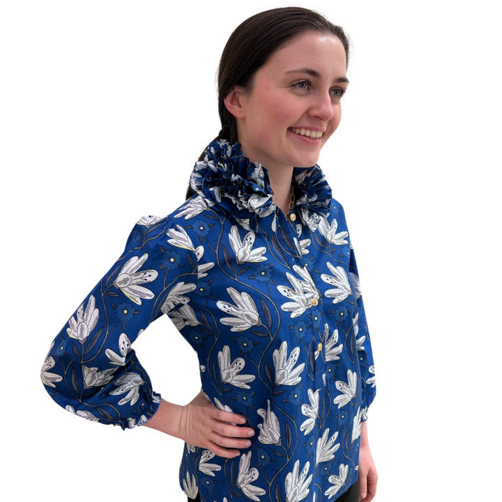 The Maria Ruffle Neck Cotton Blouse in Blue Petal Print — view 3