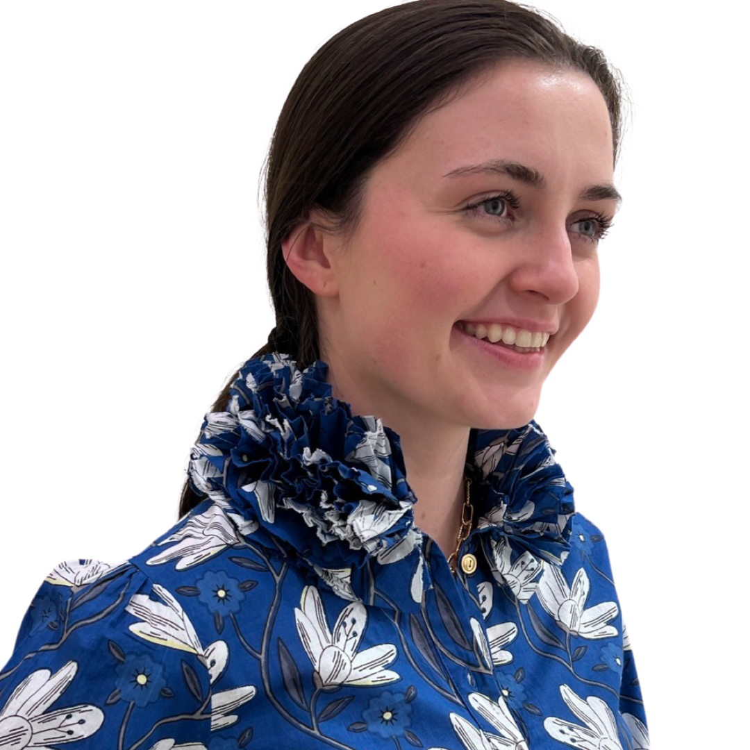 The Maria Ruffle Neck Cotton Blouse in Blue Petal Print — view 5