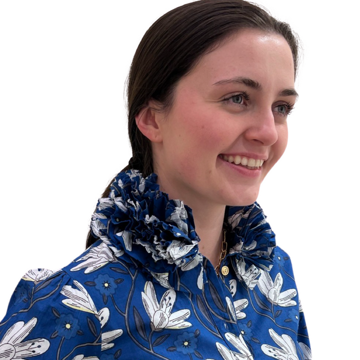 The Maria Ruffle Neck Cotton Blouse in Blue Petal Print — view 5