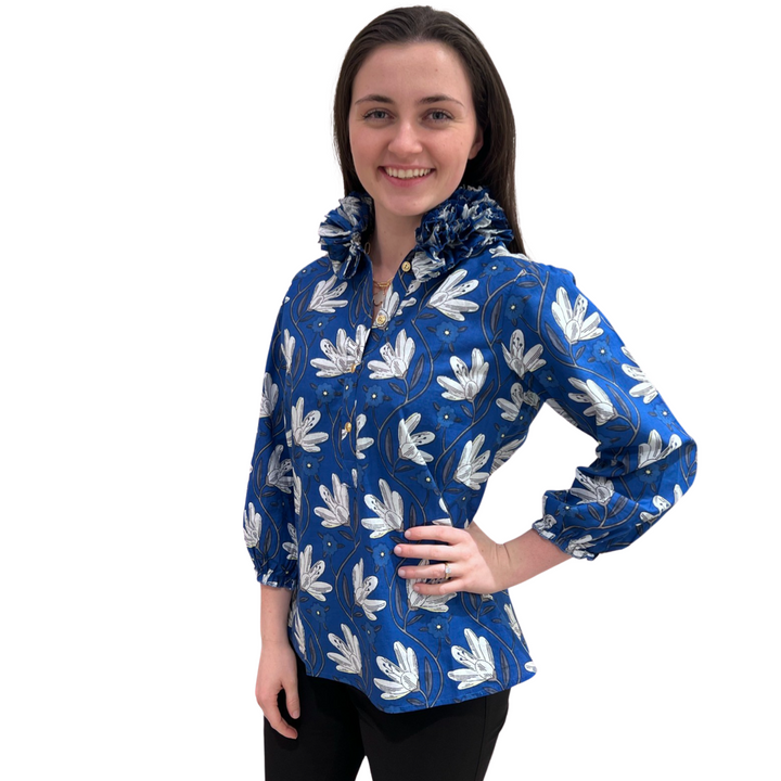 The Maria Ruffle Neck Cotton Blouse in Blue Petal Print — view 4