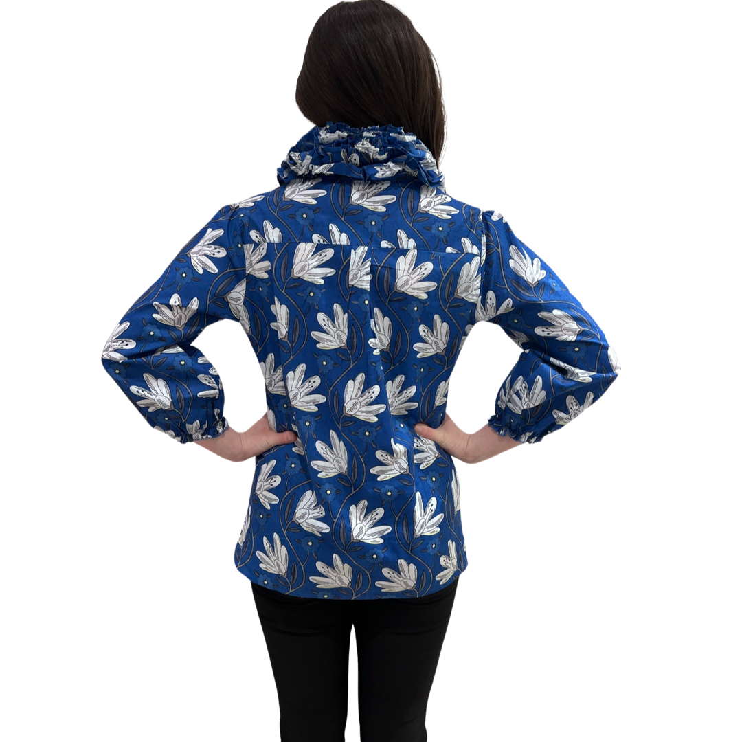 The Maria Ruffle Neck Cotton Blouse in Blue Petal Print — view 6
