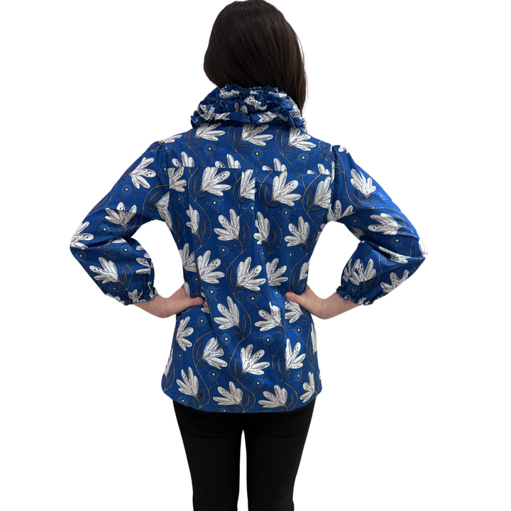 The Maria Ruffle Neck Cotton Blouse in Blue Petal Print — view 6
