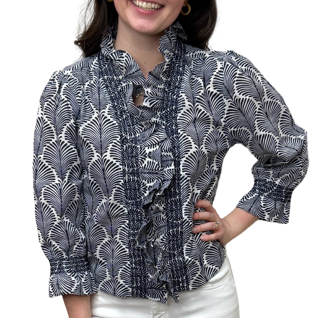 The Amelia Ruffle Front Top in Navy and White — view 5