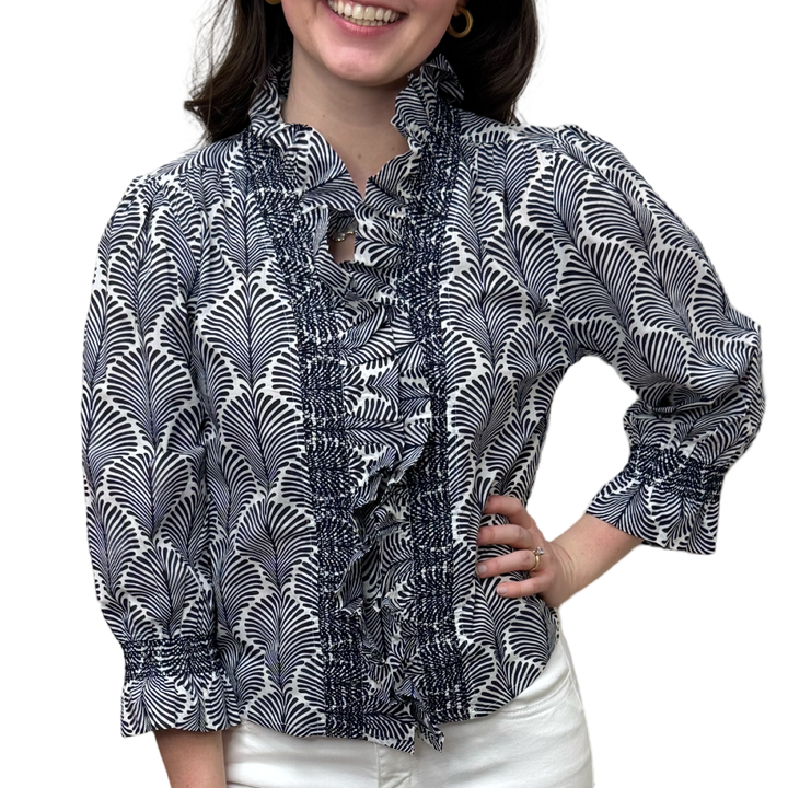 The Amelia Ruffle Front Top in Navy and White — view 5