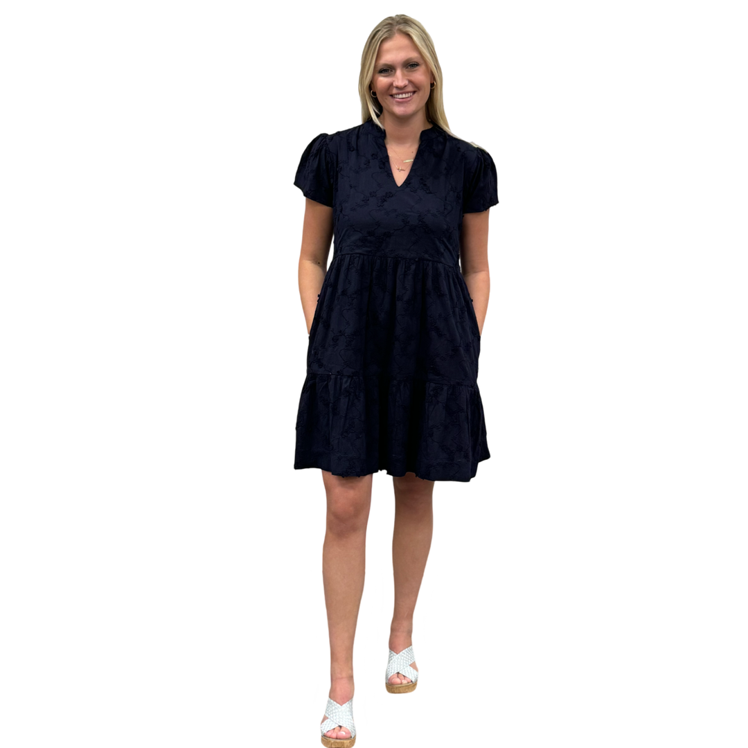 The Preston Navy Embroidered Cotton Short Sleeve Dress
