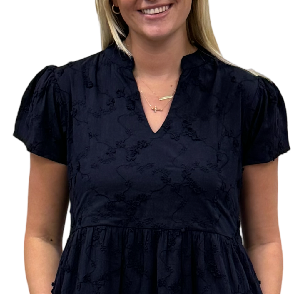 The Preston Navy Embroidered Cotton Short Sleeve Dress — view 2