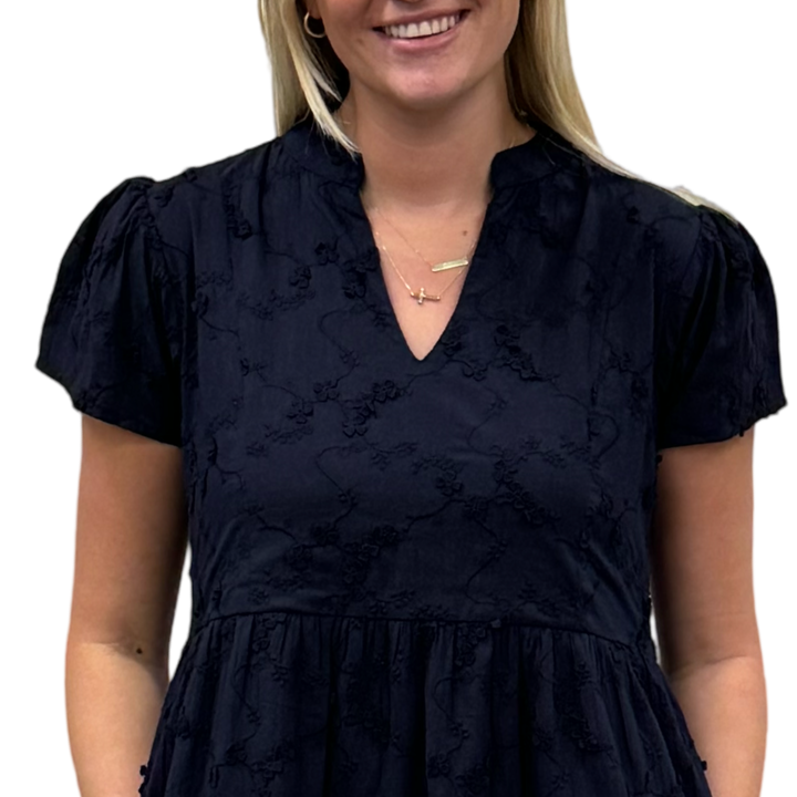 The Preston Navy Embroidered Cotton Short Sleeve Dress — view 2