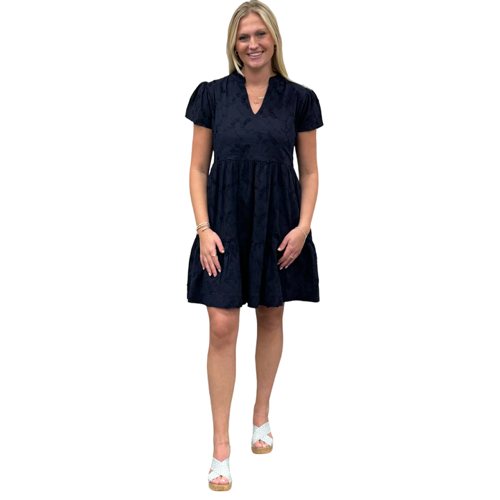 The Preston Navy Embroidered Cotton Short Sleeve Dress — view 3