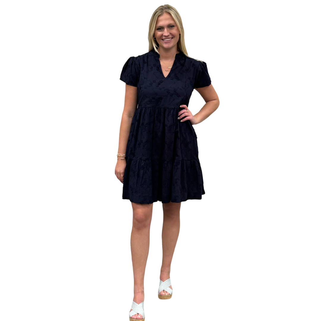 The Preston Navy Embroidered Cotton Short Sleeve Dress — view 4