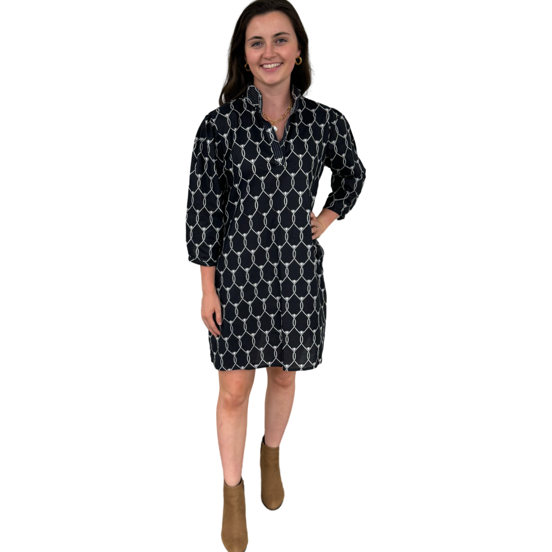The Shipley Cotton Stand-Up Collar Dress in Black and White — view 2