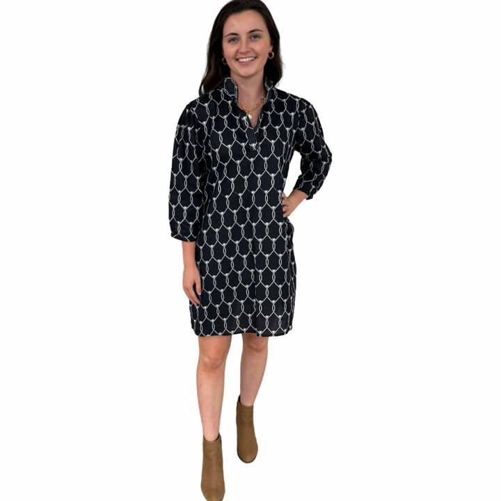 The Shipley Cotton Stand-Up Collar Dress in Black and White — view 2
