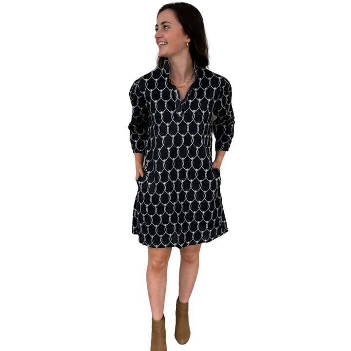 The Shipley Cotton Stand-Up Collar Dress in Black and White — view 3