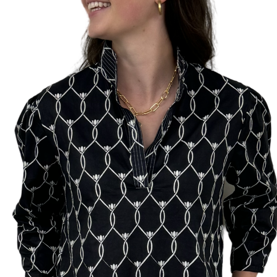 The Shipley Cotton Stand-Up Collar Dress in Black and White — view 4