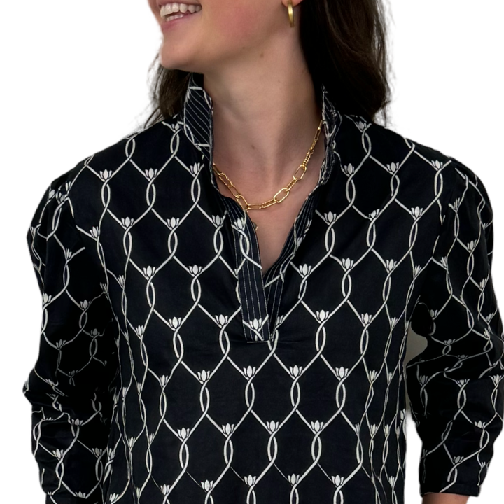 The Shipley Cotton Stand-Up Collar Dress in Black and White — view 4