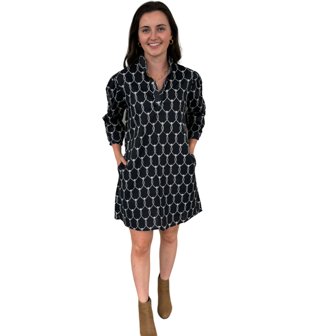 The Shipley Cotton Stand-Up Collar Dress in Black and White
