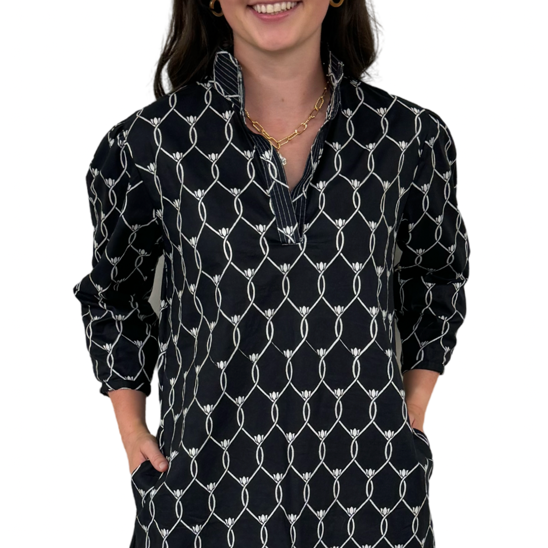 The Shipley Cotton Stand-Up Collar Dress in Black and White — view 5