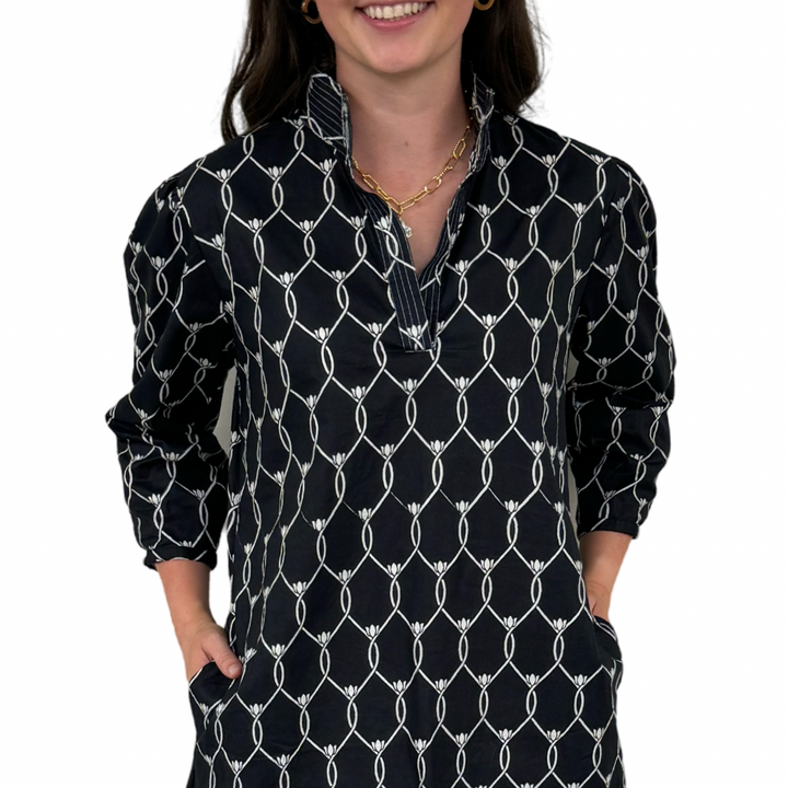 The Shipley Cotton Stand-Up Collar Dress in Black and White — view 5