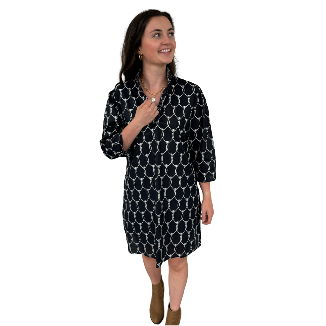 The Shipley Cotton Stand-Up Collar Dress in Black and White — view 6