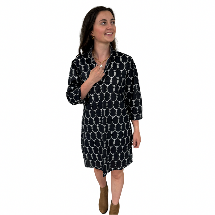The Shipley Cotton Stand-Up Collar Dress in Black and White — view 6
