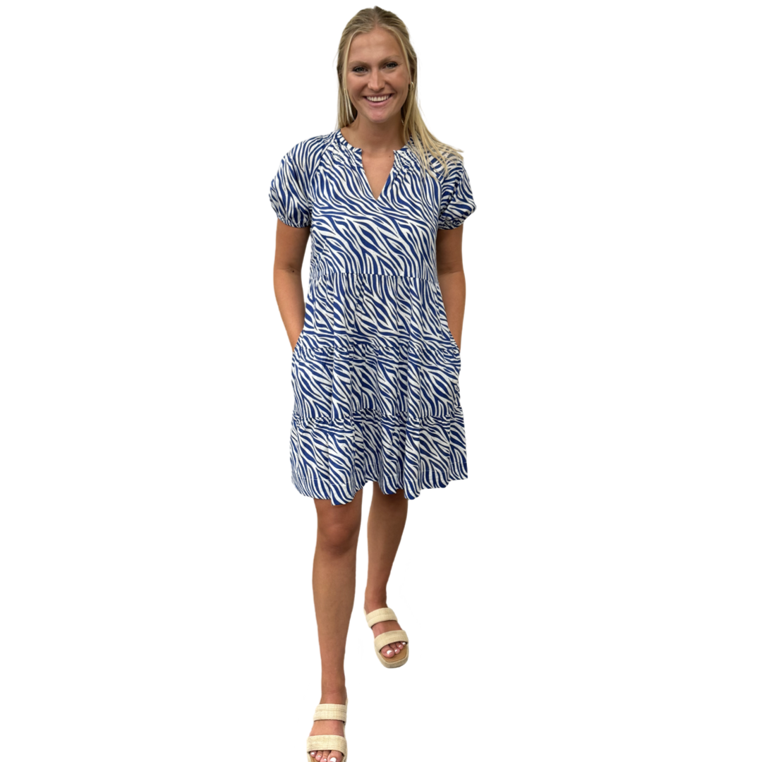 The Dahlia Smock Neck Dress in Blue Zebra