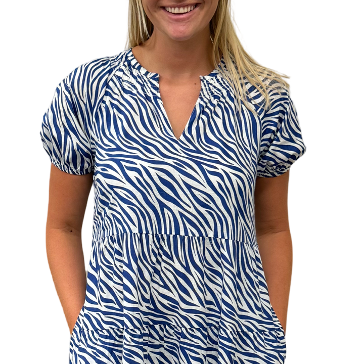 The Dahlia Smock Neck Dress in Blue Zebra — view 3