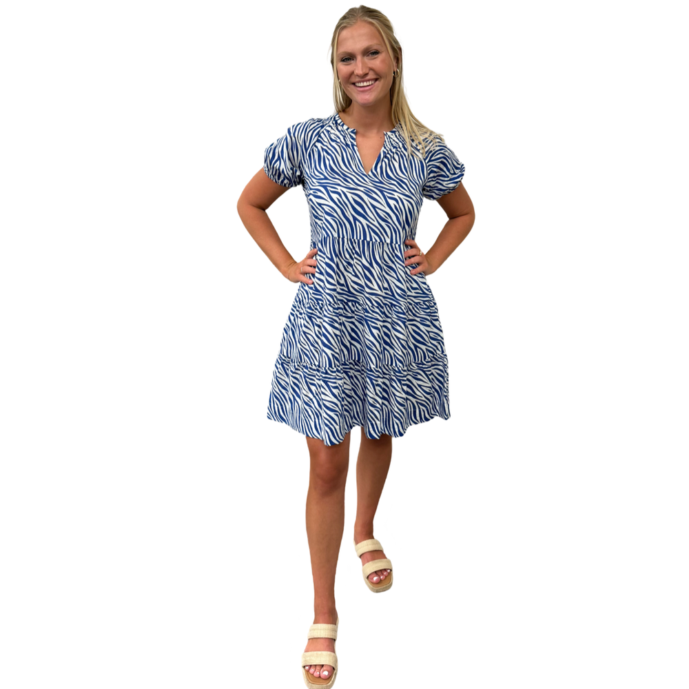 The Dahlia Smock Neck Dress in Blue Zebra — view 2