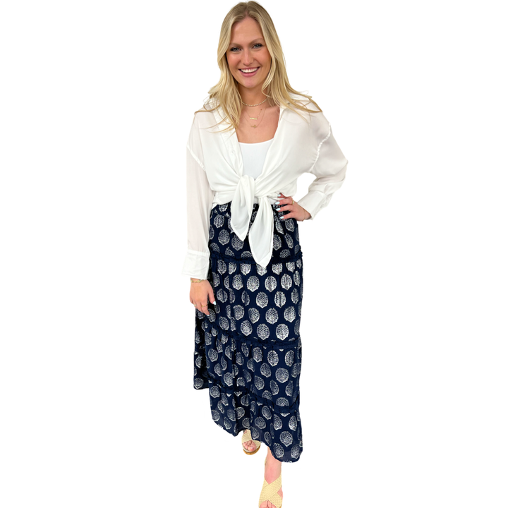 The Lila Elastic Waist Skirt in Navy and Silver — view 7