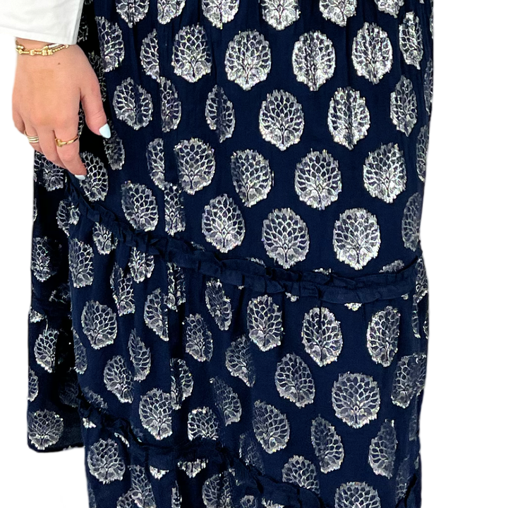 The Lila Elastic Waist Skirt in Navy and Silver — view 5