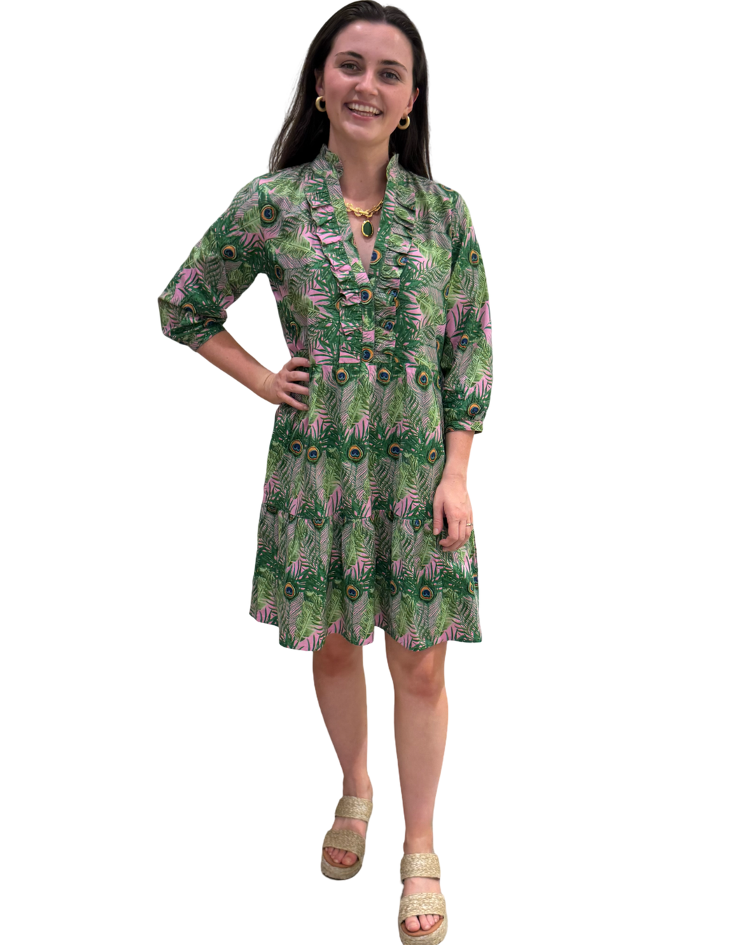 The Bella Dress in Pink Green Peacock Feather Print — view 5