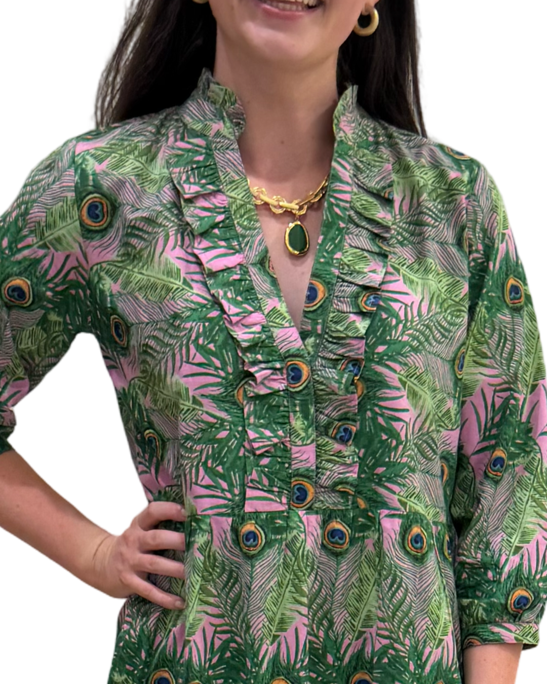 The Bella Dress in Pink Green Peacock Feather Print — view 4