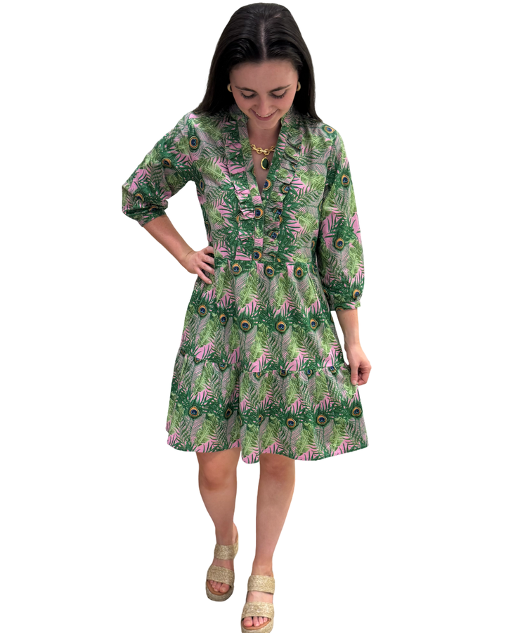The Bella Dress in Pink Green Peacock Feather Print — view 6