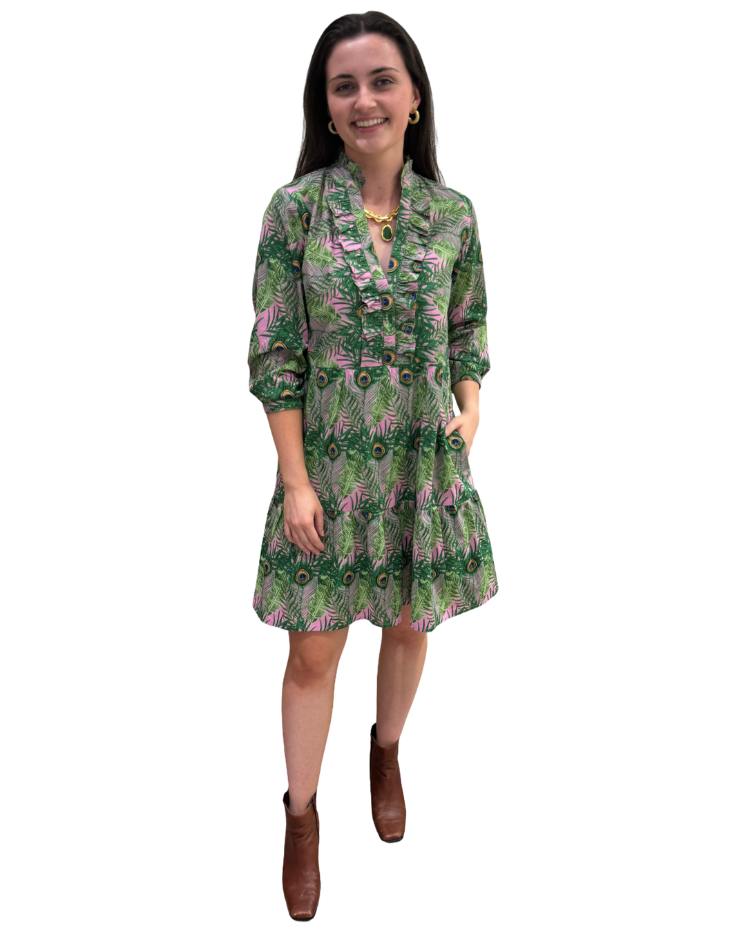 The Bella Dress in Pink Green Peacock Feather Print — view 3