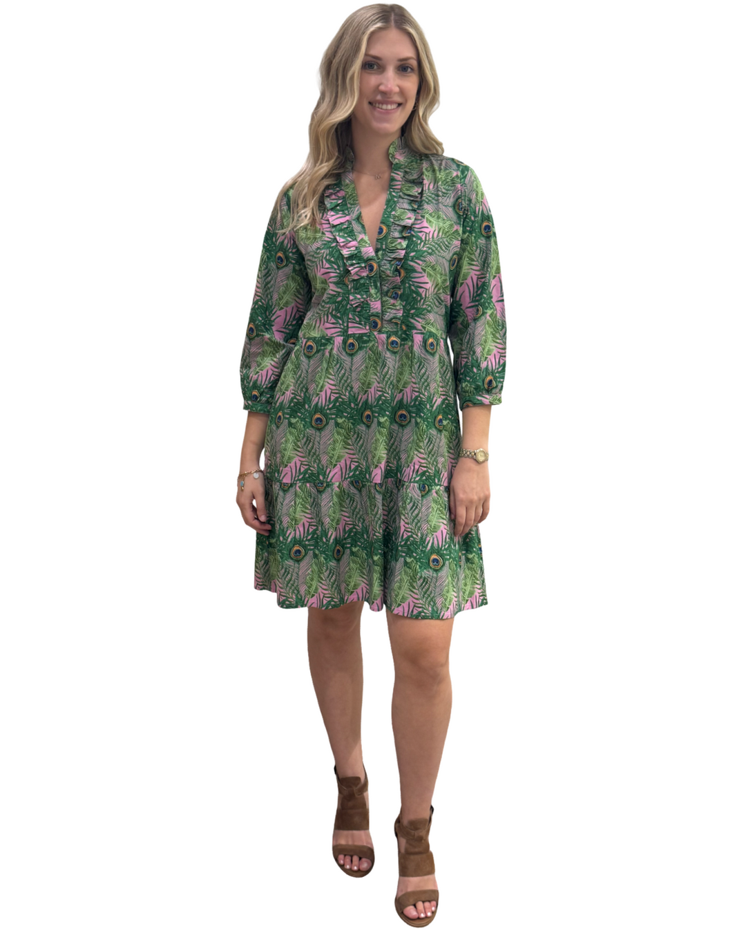 The Bella Dress in Pink Green Peacock Feather Print