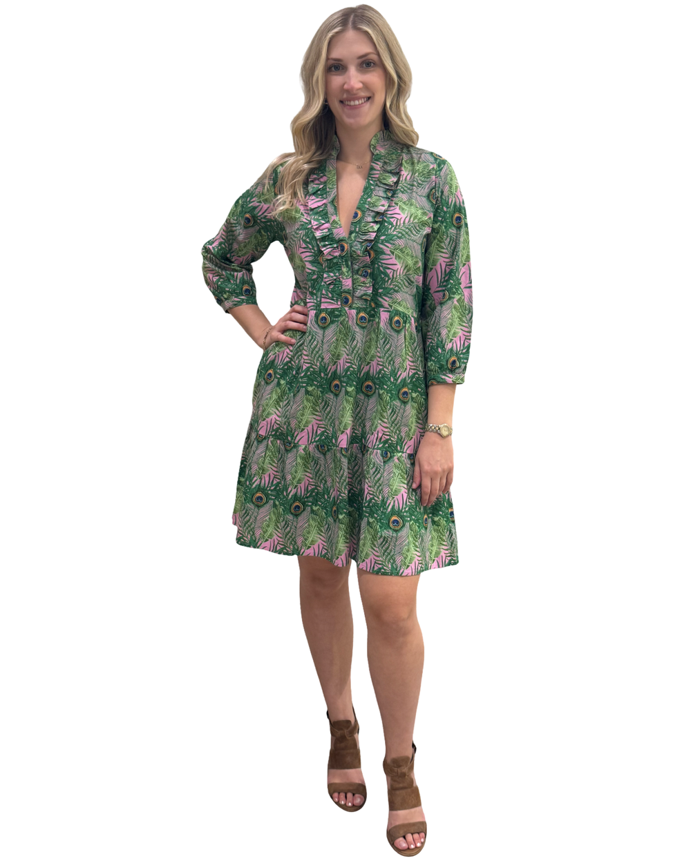 The Bella Dress in Pink Green Peacock Feather Print — view 2