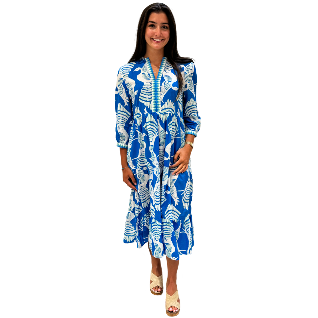 The Daniella Embroidered Trim Cotton Dress in Blue Green Bird Print — view 2