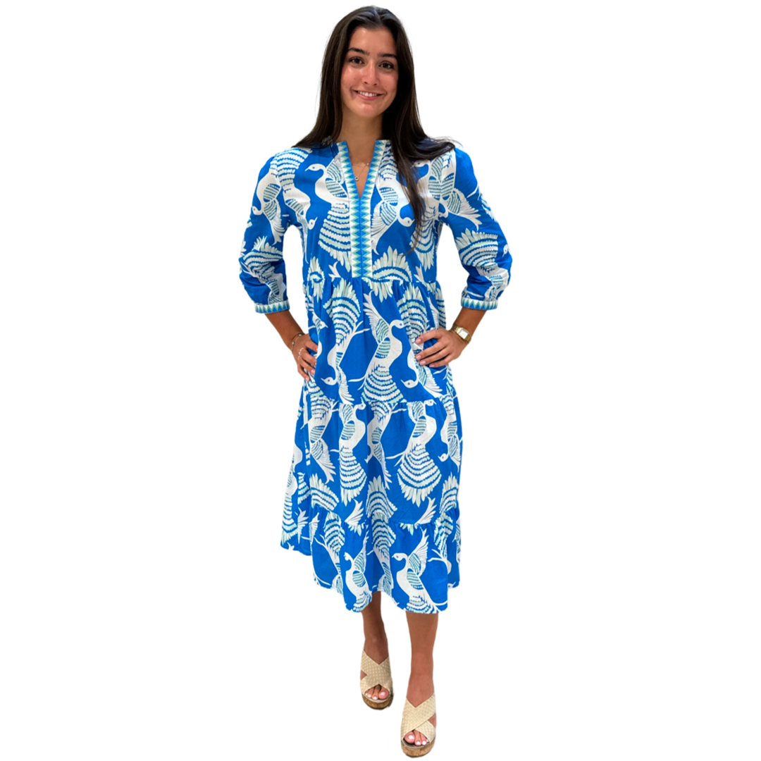 The Daniella Embroidered Trim Cotton Dress in Blue Green Bird Print — view 3
