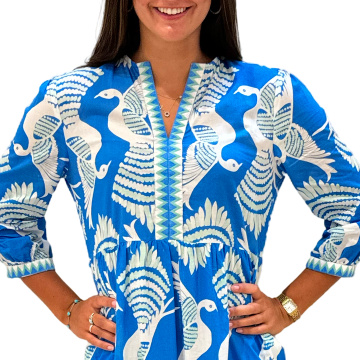 The Daniella Embroidered Trim Cotton Dress in Blue Green Bird Print — view 4