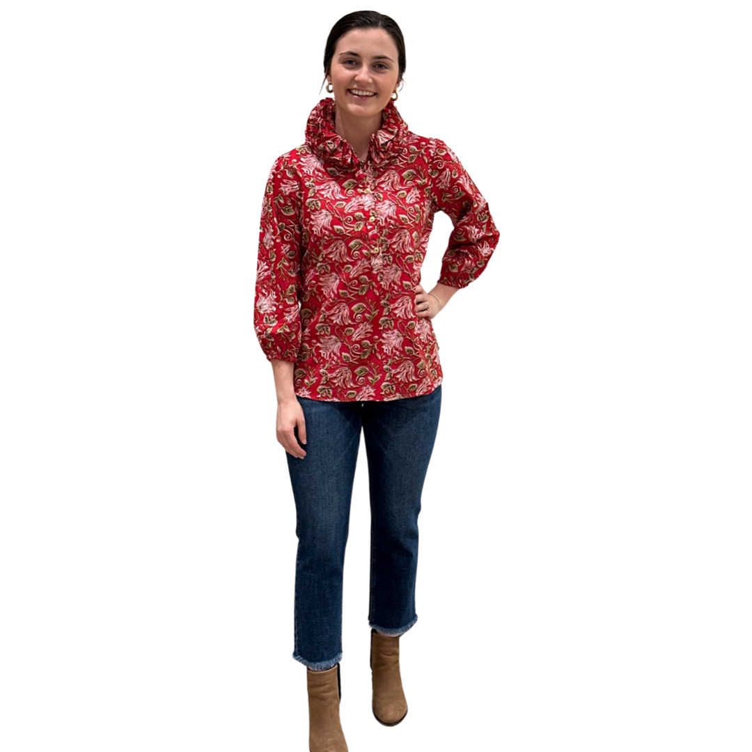 The Maria Ruffle Neck Top in Red and Pink Block Print Floral
