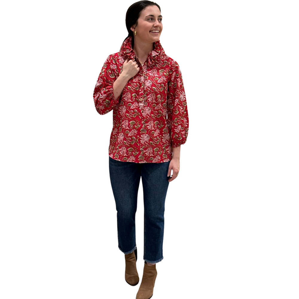 The Maria Ruffle Neck Top in Red and Pink Block Print Floral — view 2