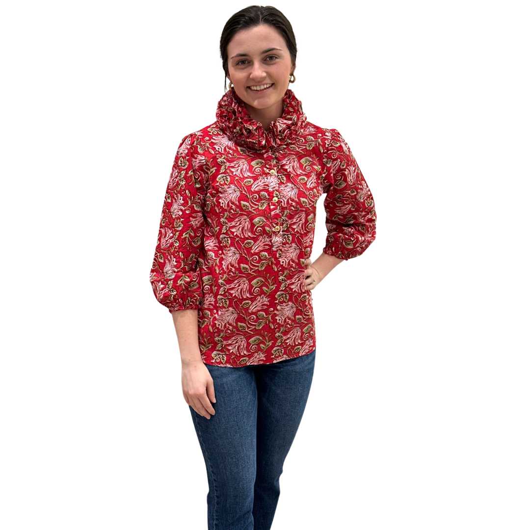 The Maria Ruffle Neck Top in Red and Pink Block Print Floral — view 3