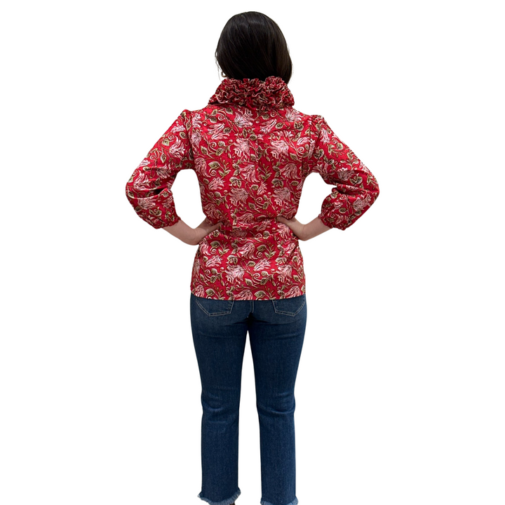 The Maria Ruffle Neck Top in Red and Pink Block Print Floral — view 7